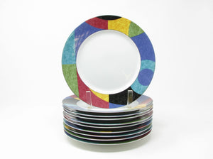 Vintage Mikasa Currents Fine China Salad Plates with Multi-Color Geometric Pattern Rim - 10 Pieces
