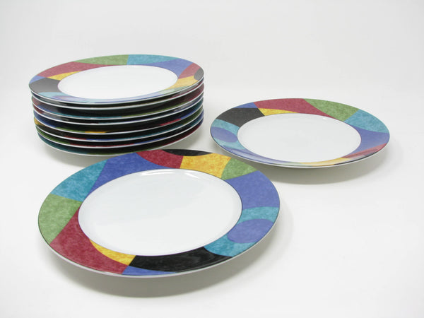edgebrookhouse Vintage Mikasa Currents Fine China Salad Plates with Multi-Color Geometric Pattern Rim - 10 Pieces