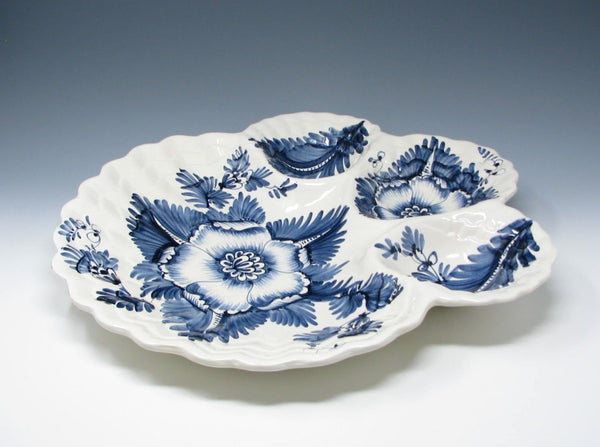 edgebrookhouse Vintage Monumental Italian Ceramic Divided Platter with Hand-Painted Blue Floral Pattern