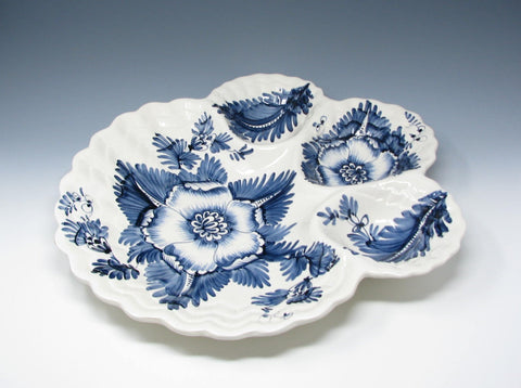 Vintage Monumental Italian Ceramic Divided Platter with Hand-Painted Blue Floral Pattern