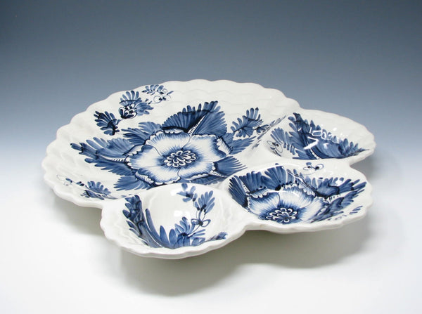 edgebrookhouse Vintage Monumental Italian Ceramic Divided Platter with Hand-Painted Blue Floral Pattern