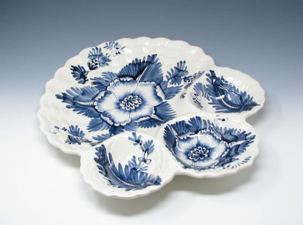edgebrookhouse Vintage Monumental Italian Ceramic Divided Platter with Hand-Painted Blue Floral Pattern