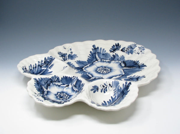edgebrookhouse Vintage Monumental Italian Ceramic Divided Platter with Hand-Painted Blue Floral Pattern