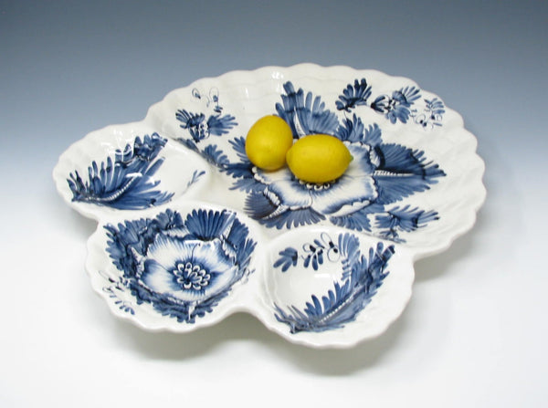 edgebrookhouse Vintage Monumental Italian Ceramic Divided Platter with Hand-Painted Blue Floral Pattern