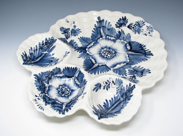 edgebrookhouse Vintage Monumental Italian Ceramic Divided Platter with Hand-Painted Blue Floral Pattern