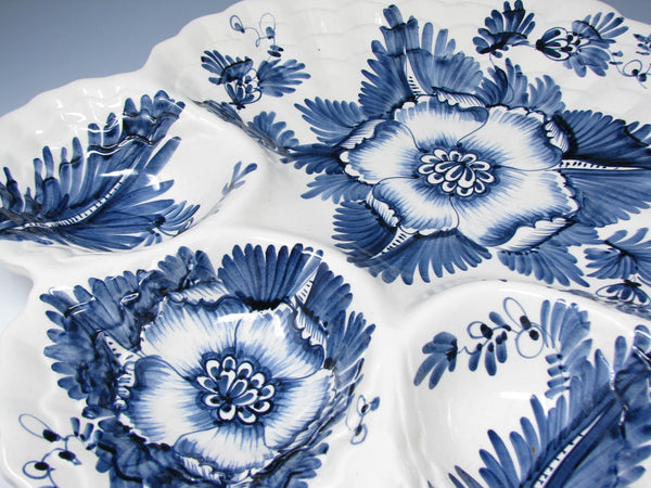 edgebrookhouse Vintage Monumental Italian Ceramic Divided Platter with Hand-Painted Blue Floral Pattern