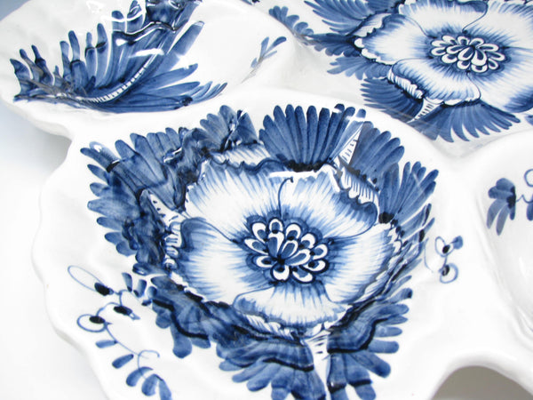edgebrookhouse Vintage Monumental Italian Ceramic Divided Platter with Hand-Painted Blue Floral Pattern