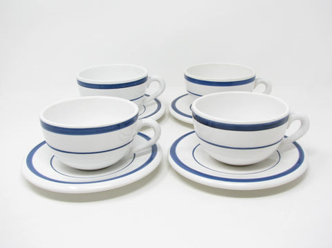 Vintage Nautica Signature White Ceramic Cups & Saucers with Navy Blue Stripes Made in Portugal - 8 Pieces