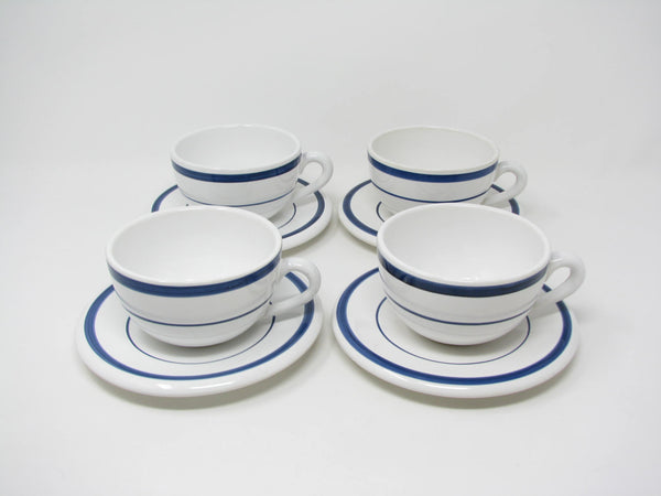 edgebrookhouse Vintage Nautica Signature White Ceramic Cups & Saucers with Navy Blue Stripes Made in Portugal - 8 Pieces