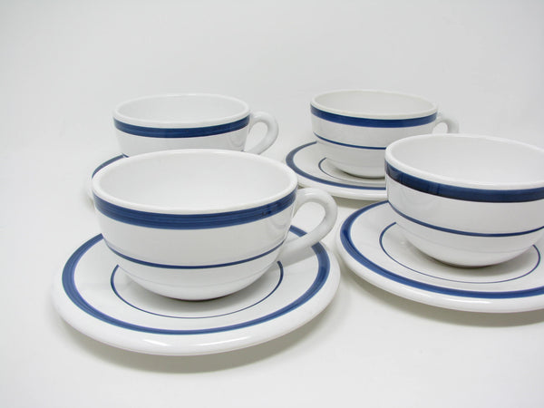 edgebrookhouse Vintage Nautica Signature White Ceramic Cups & Saucers with Navy Blue Stripes Made in Portugal - 8 Pieces