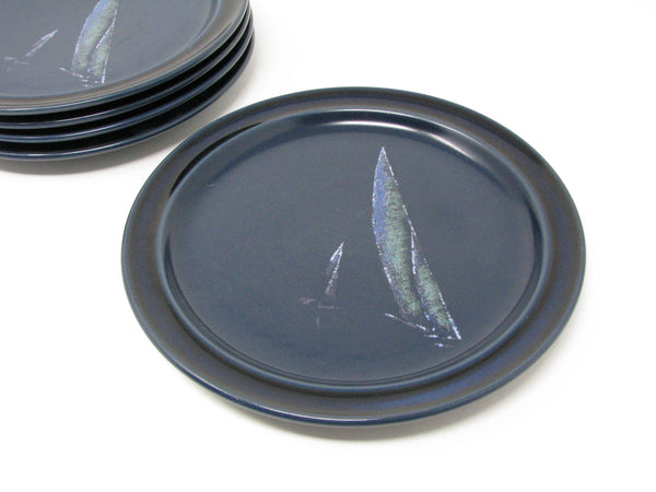 edgebrookhouse Vintage 1970s Noritake Spinnaker Sailboat Navy Blue Stoneware Salad Plates - 5 Pieces