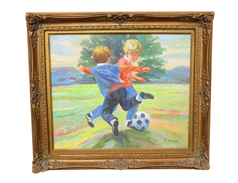Vintage Oil on Canvas of Two Youngsters Playing Soccer / Football - Artist Signed S. Scherone