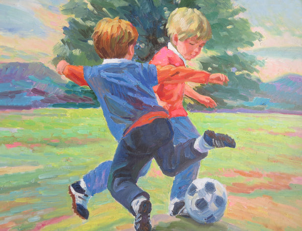 edgebrookhouse Vintage Oil on Canvas of Two Youngsters Playing Soccer / Football - Artist Signed S. Scherone