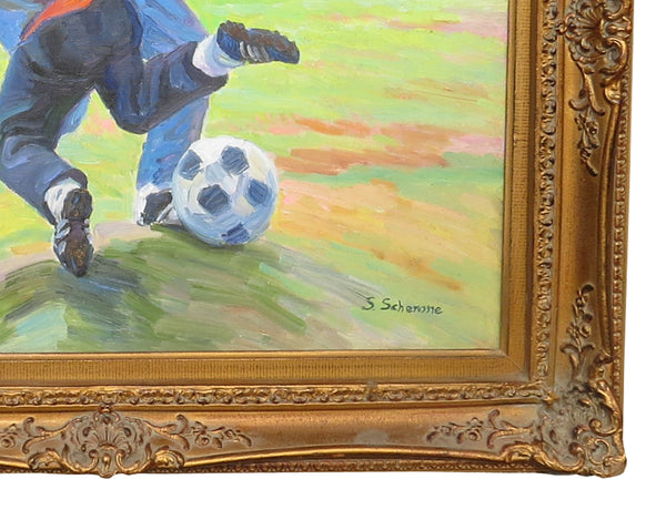 edgebrookhouse Vintage Oil on Canvas of Two Youngsters Playing Soccer / Football - Artist Signed S. Scherone