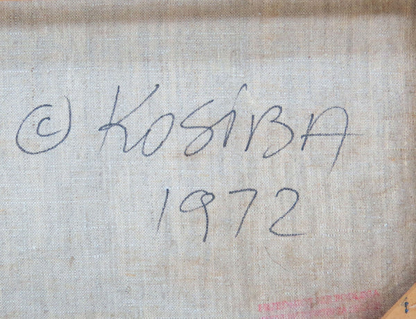 edgebrookhouse Vintage Original Marek Kossiba Oil on Linen Titled "Masks" Signed and Dated 1972