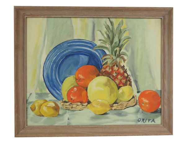 edgebrookhouse - Vintage Orita Larson Framed Oil on Mason Board - "Still Life With Pineapple"