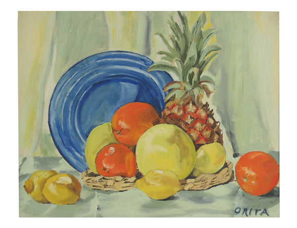 edgebrookhouse - Vintage Orita Larson Framed Oil on Mason Board - "Still Life With Pineapple"