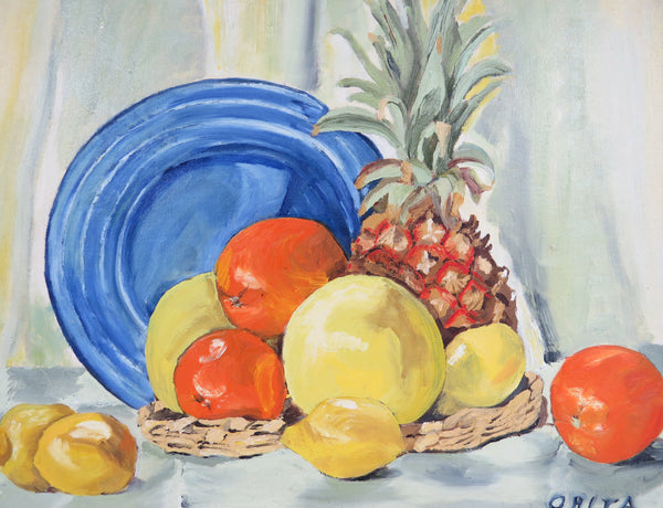 edgebrookhouse - Vintage Orita Larson Framed Oil on Mason Board - "Still Life With Pineapple"
