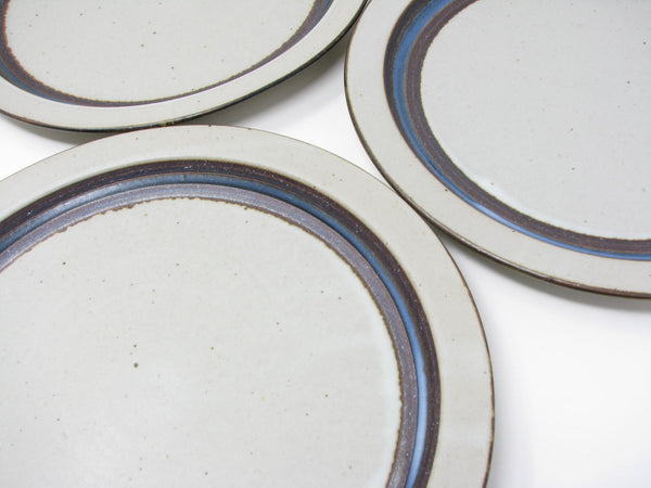 edgebrookhouse - Vintage Otagiri Horizon Gray Stoneware Dinner Plates with Blue Stripe - 3 Pieces