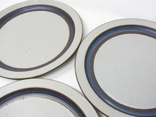 edgebrookhouse - Vintage Otagiri Horizon Gray Stoneware Dinner Plates with Blue Stripe - 3 Pieces