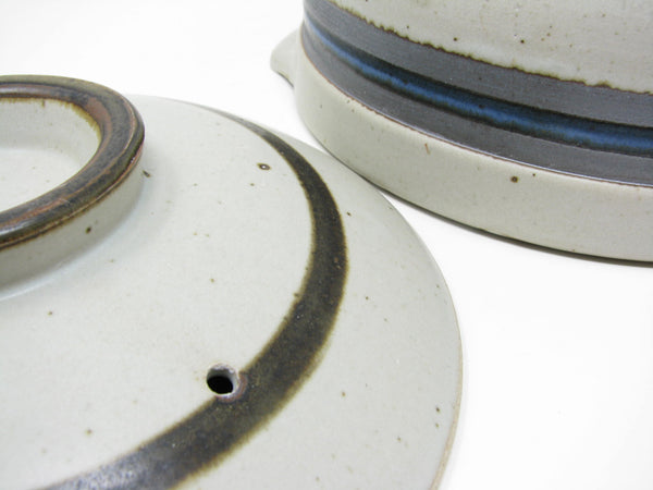 edgebrookhouse - Vintage Otagiri Horizon Gray Stoneware Lidded Casserole or Baking Dish with Blue Stripe