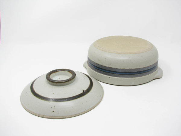 edgebrookhouse - Vintage Otagiri Horizon Gray Stoneware Lidded Casserole or Baking Dish with Blue Stripe