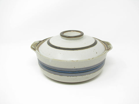 Vintage Otagiri Horizon Gray Stoneware Lidded Casserole or Baking Dish with Blue Stripe
