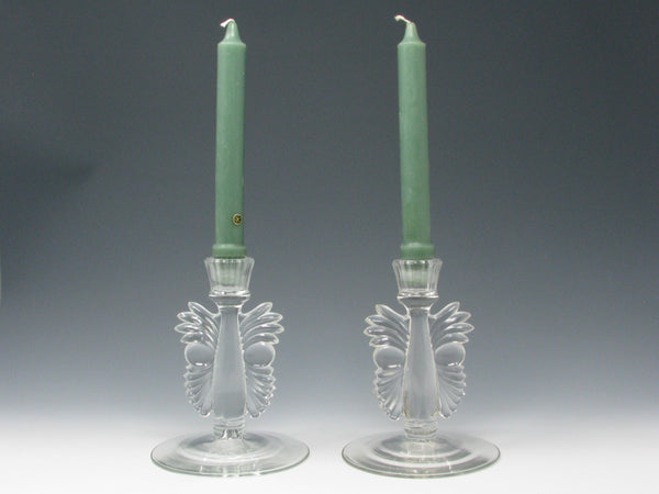 Vintage Paden City Clear Glass Maya Candle Holders - a Pair