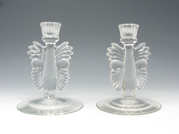 Vintage Paden City Clear Glass Maya Candle Holders - a Pair
