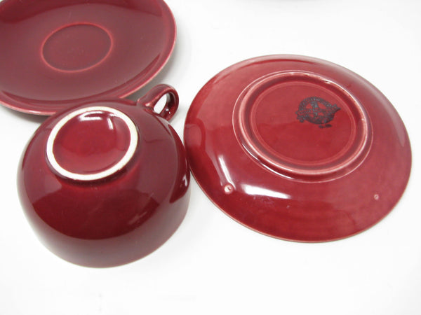 Vintage Paden City Pottery Greenbrier Burgundy Cups & Saucers - 11 Pieces