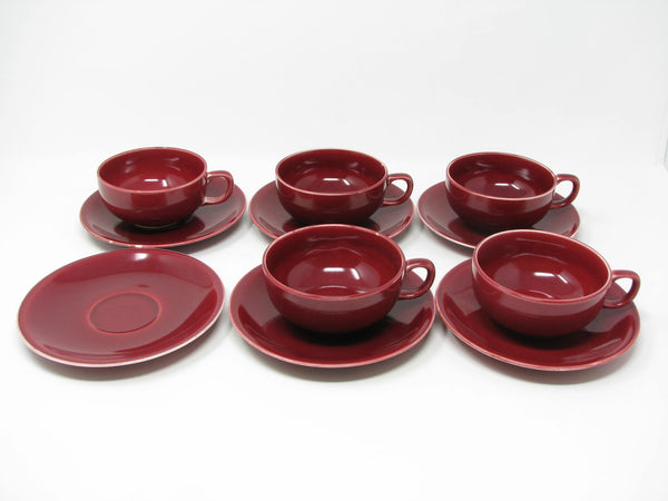 Vintage Paden City Pottery Greenbrier Burgundy Cups & Saucers - 11 Pieces