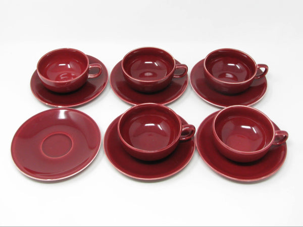 Vintage Paden City Pottery Greenbrier Burgundy Cups & Saucers - 11 Pieces