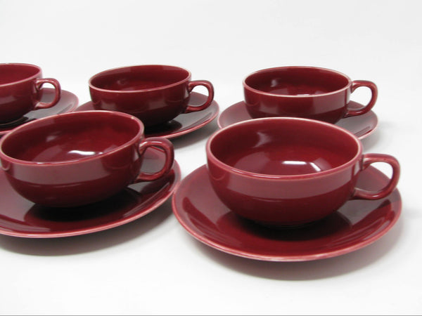 Vintage Paden City Pottery Greenbrier Burgundy Cups & Saucers - 11 Pieces