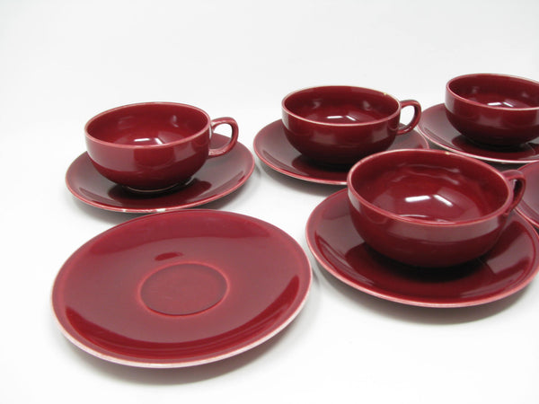Vintage Paden City Pottery Greenbrier Burgundy Cups & Saucers - 11 Pieces