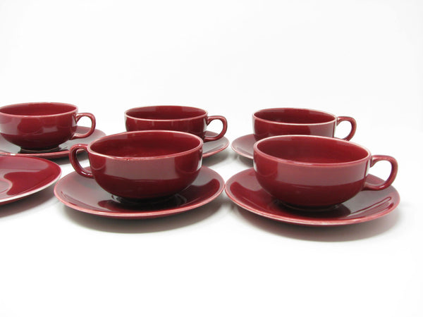Vintage Paden City Pottery Greenbrier Burgundy Cups & Saucers - 11 Pieces