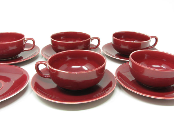 Vintage Paden City Pottery Greenbrier Burgundy Cups & Saucers - 11 Pieces