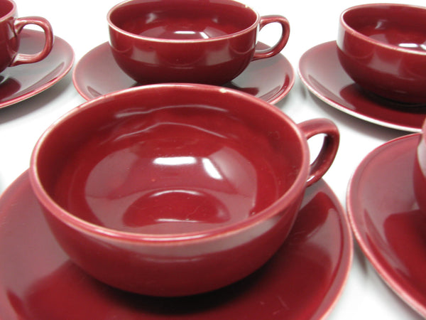 Vintage Paden City Pottery Greenbrier Burgundy Cups & Saucers - 11 Pieces