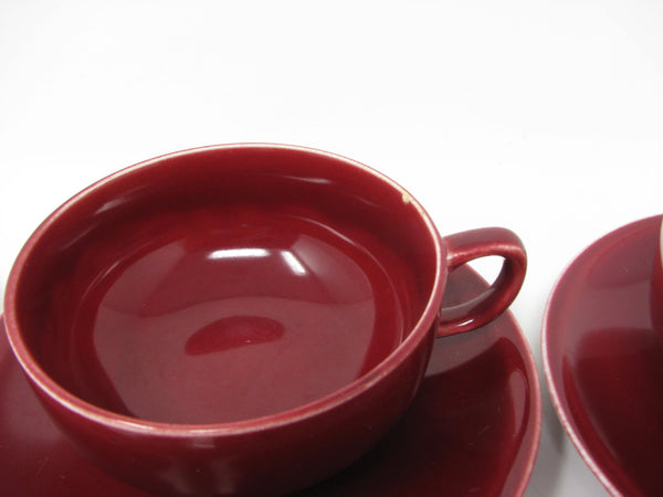 Vintage Paden City Pottery Greenbrier Burgundy Cups & Saucers - 11 Pieces