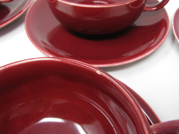 Vintage Paden City Pottery Greenbrier Burgundy Cups & Saucers - 11 Pieces