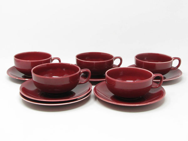 Vintage Paden City Pottery Greenbrier Burgundy Cups & Saucers - 11 Pieces