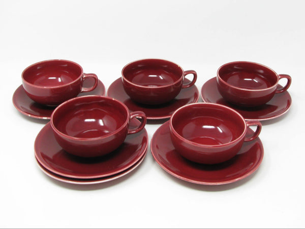 Vintage Paden City Pottery Greenbrier Burgundy Cups & Saucers - 11 Pieces