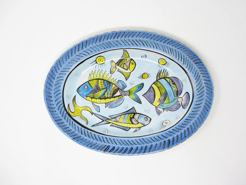 Vintage Penzo Zimbabwe Africa Hand-Painted Ceramic Platter or Tray Featuring Colorful Fish