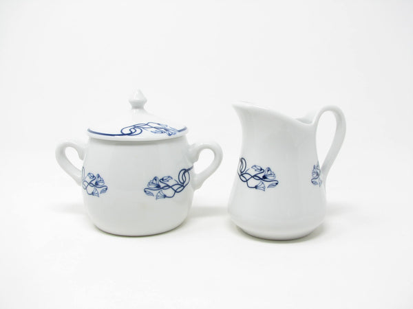 Vintage Pillivuyt France Porcelain Creamer and Lidded Sugar Bowl with Blue Floral Pattern - 2 Pieces