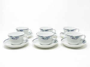 Vintage Pillivuyt France Porcelain Cups & Saucers with Blue Floral Pattern - 12 Pieces