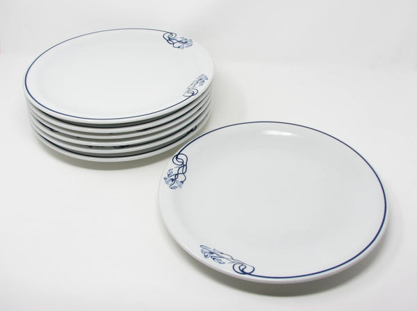 Vintage Pillivuyt France Porcelain Dinner Plates with Blue Floral Pattern - 7 Pieces