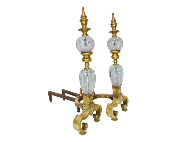 edgebrookhouse Vintage Polished Brass Andirons With St Clair Glass Globes Infused With Stylized Pink Flowers - a Pair