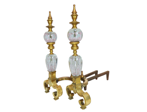 edgebrookhouse Vintage Polished Brass Andirons With St Clair Glass Globes Infused With Stylized Pink Flowers - a Pair