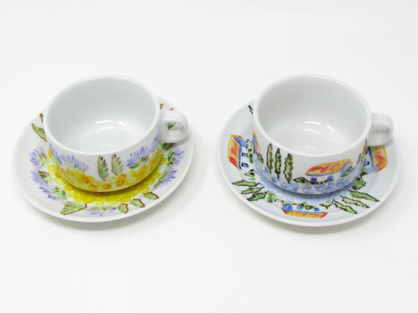 Vintage Cappucino Cups & Saucers with Hand-Painted Italian Countryside Patterns - 4 Pieces