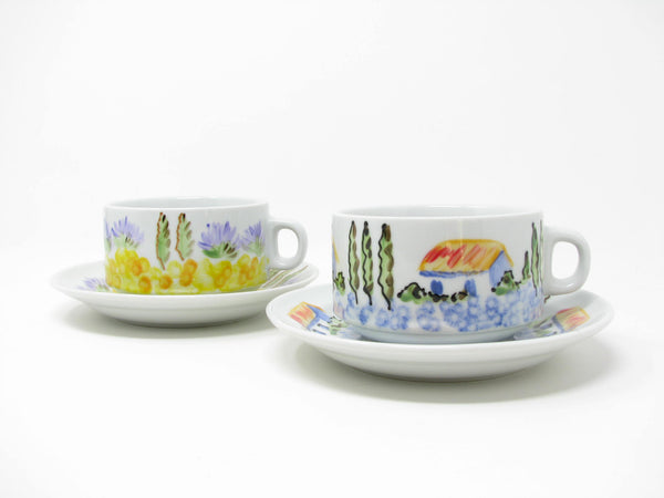 Vintage Cappucino Cups & Saucers with Hand-Painted Italian Countryside Patterns - 4 Pieces