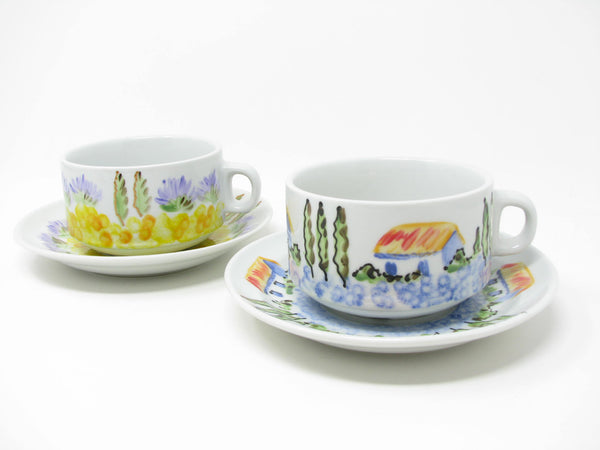 Vintage Cappucino Cups & Saucers with Hand-Painted Italian Countryside Patterns - 4 Pieces